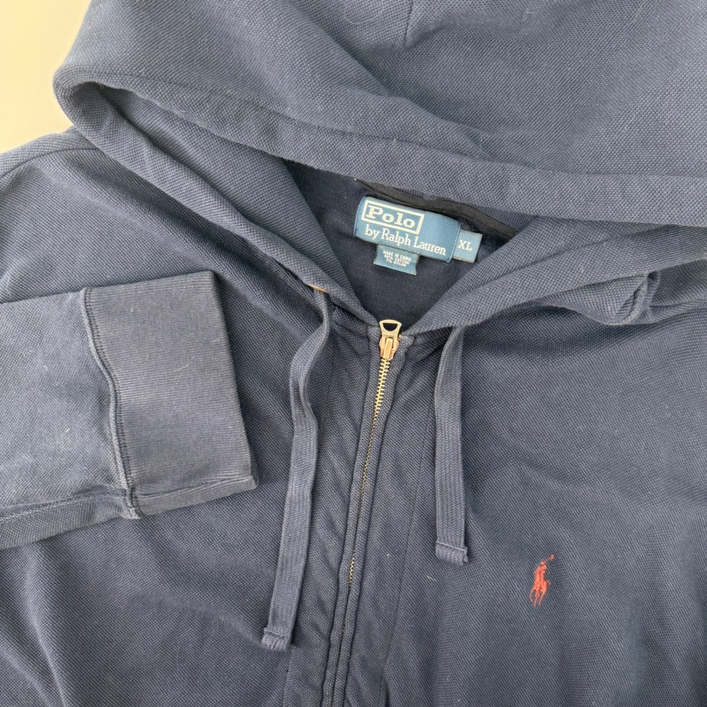 Polo Ralph Lauren Hoodie Mens XL Navy Blue Pique Full‎ Zip Red Pony Logo